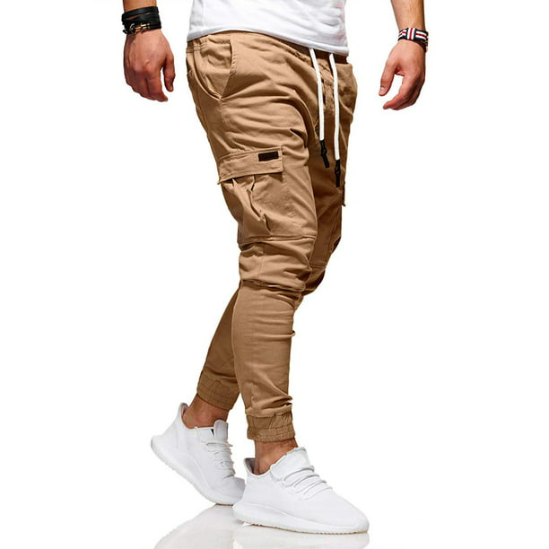 KLJR Men Elastic Waisted Multi-Pockets Plain Casual Jogger Cargo Pants Trousers 